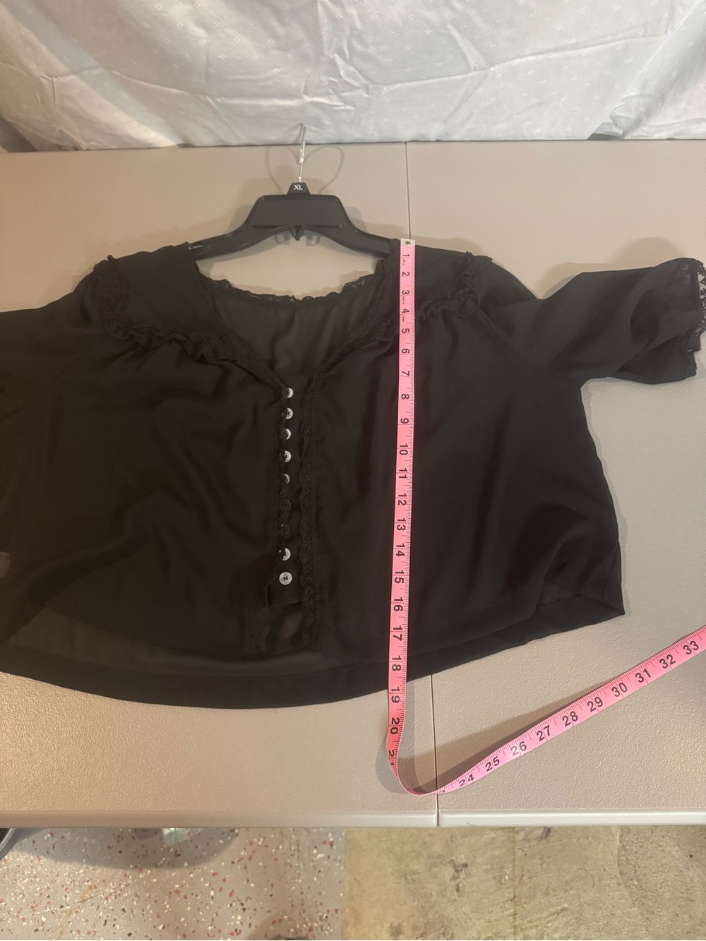 Black Sheer Button-Front Lace-Trim Blouse - Picture 4 of 4